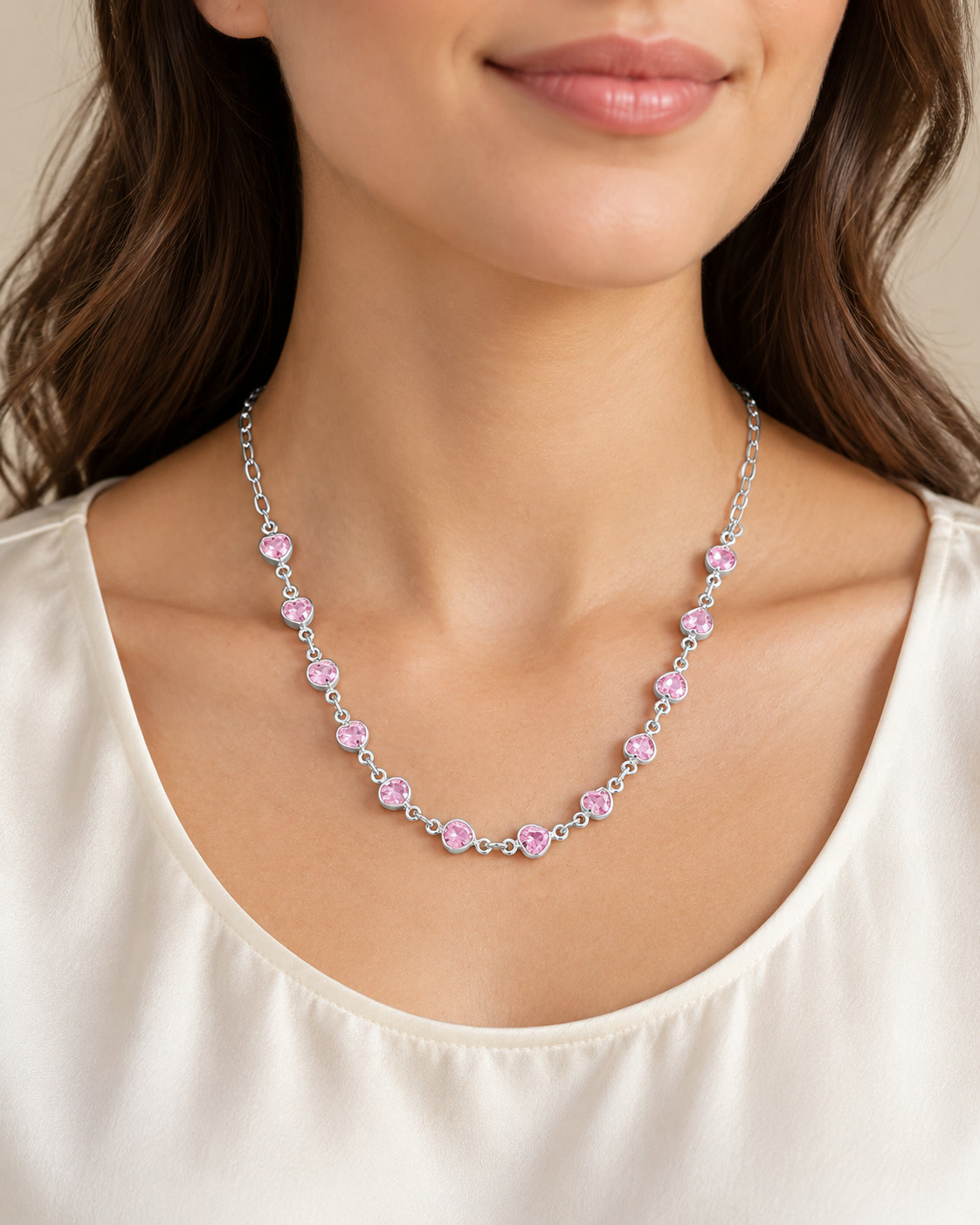 Corrente Feminina Pedra Zircônia Rosa Coração de Prata 925