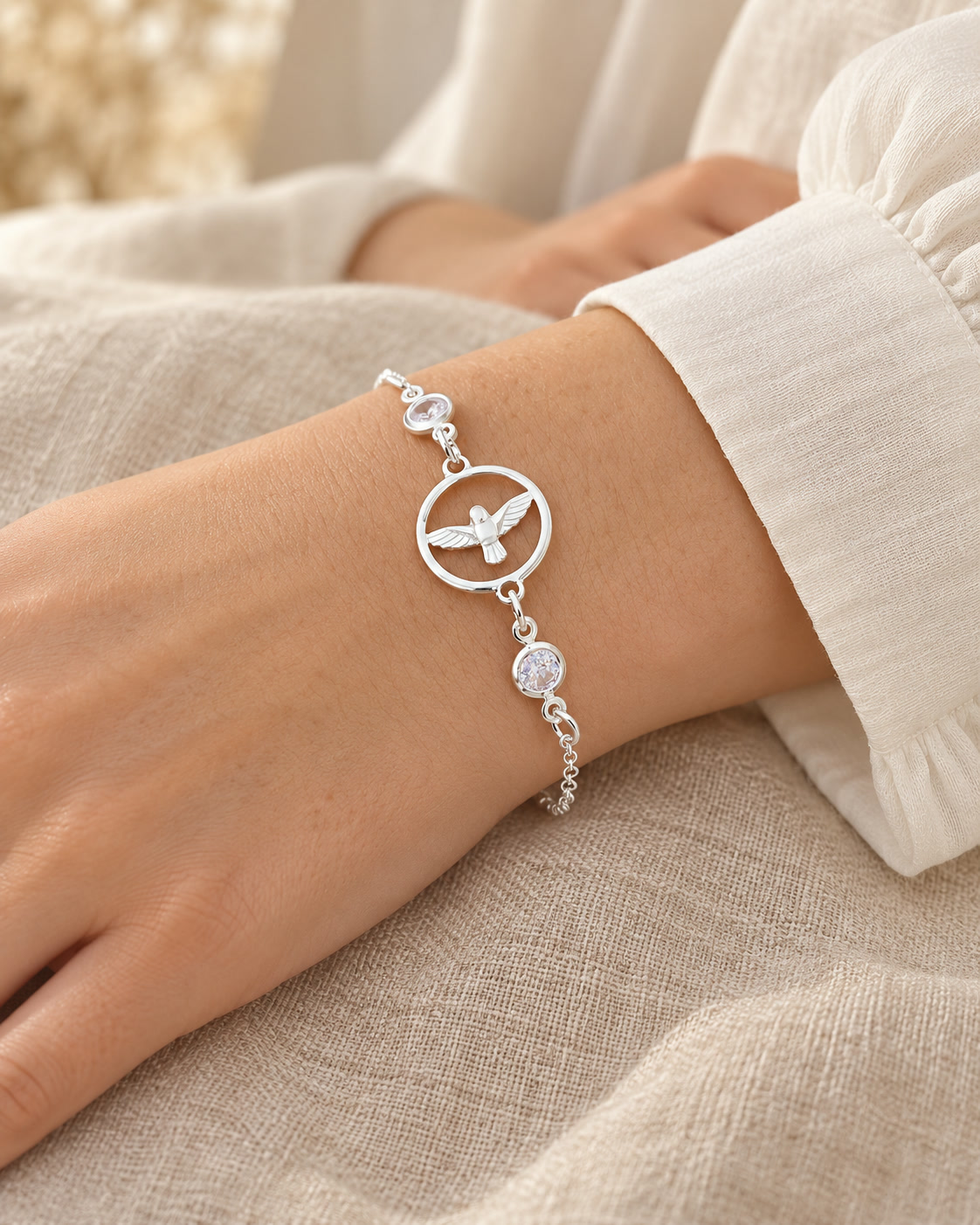 Pulseira Feminina Espírito Santo Pedra Zircônia de Prata 925