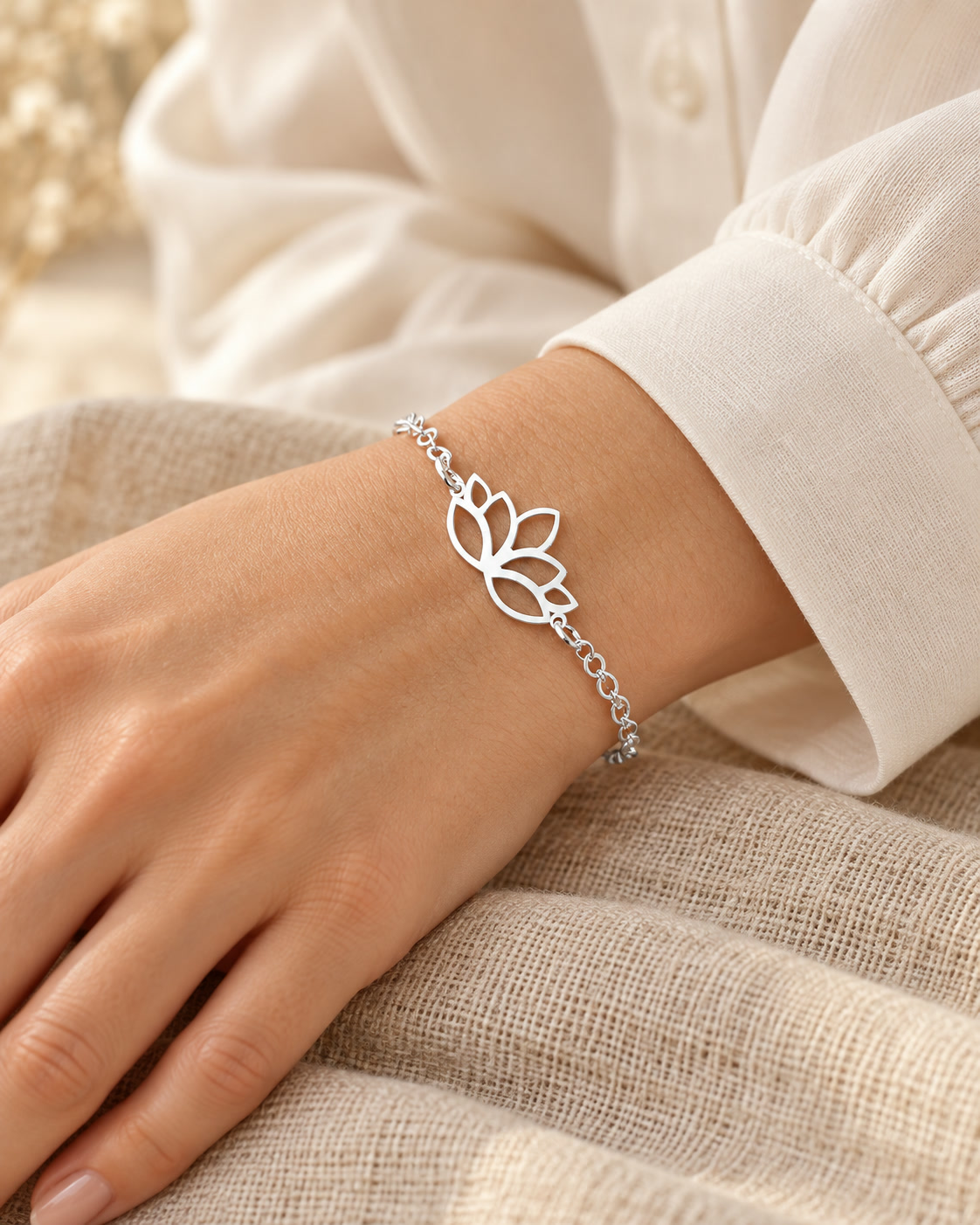 Pulseira Feminina Flor de Lótus Prata 925 Legítima Original